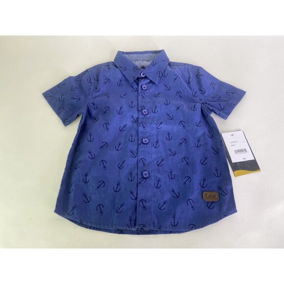 Lee Anchors Nautical Blue Button Down Up Short Sleeve Shirt Boys Size 18 Months - Picture 1 of 5